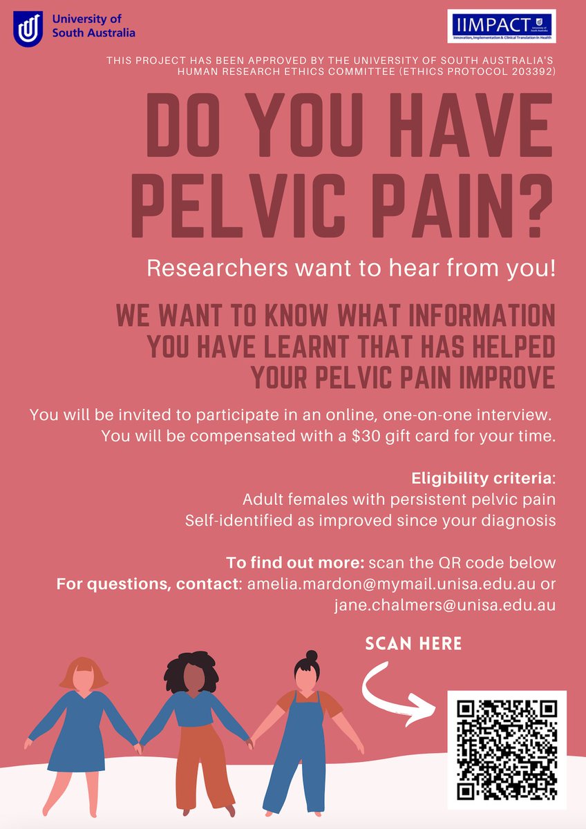 millie_mardon's tweet photo. *Lived experience of persistent pelvic pain needed*

We @UniversitySA are recruiting adult females living in Australia who have improved persistent pelvic pain for a research study.

To find out more visit this link: 
https://t.co/T6cQe8JYzY

Please share! https://t.co/OtqUCwO2qn
