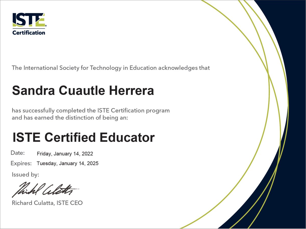 I'm proud to share that I received my ISTE Certification! The work was challenging but I feel like a stronger, more reflective educator now. Thank you to our wonderful #ISTEcert coaches, my supportive LAUSD ISTE Cohort, and @ITI_LAUSD for the opportunity. @ISTE