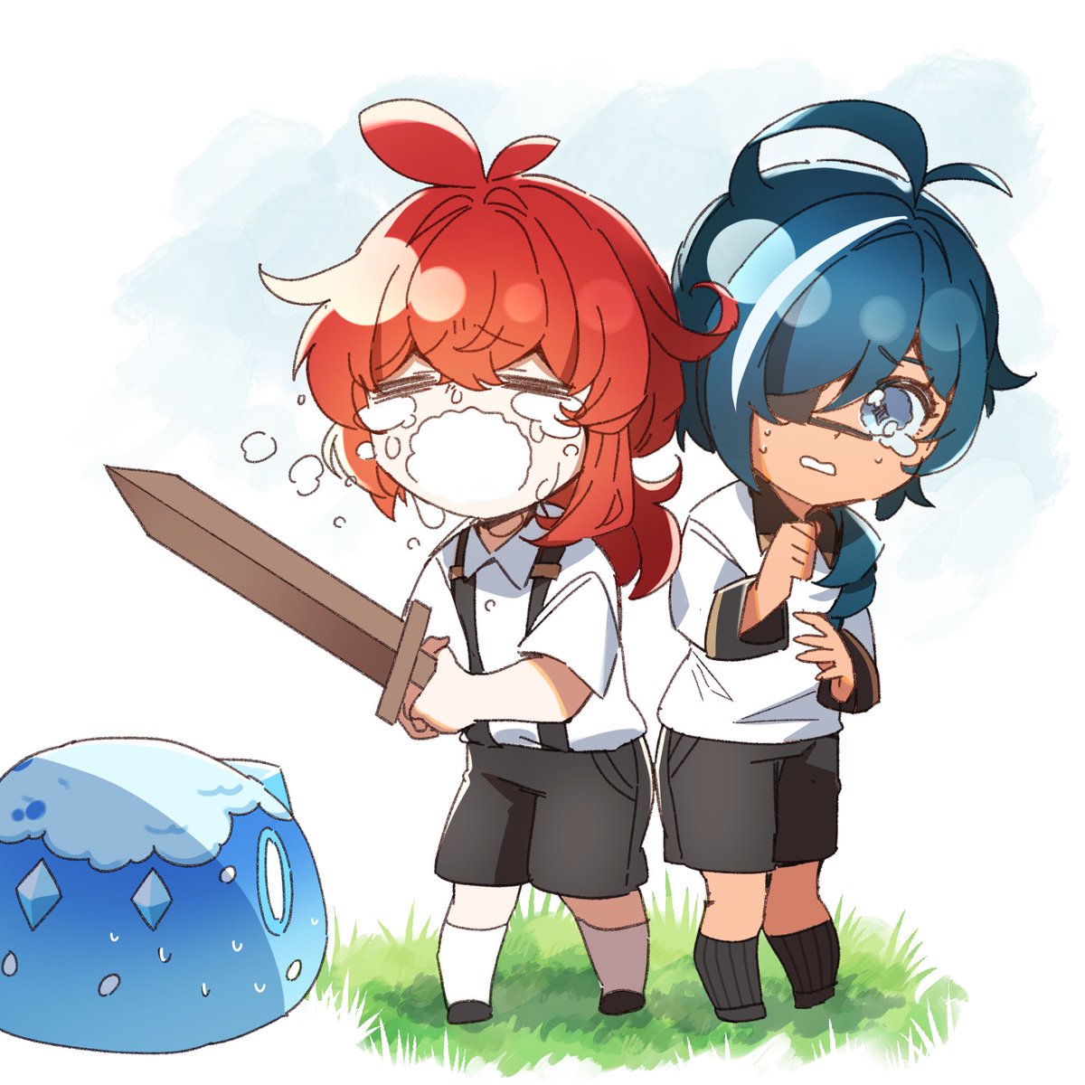 diluc (genshin impact) ,kaeya (genshin impact) aged down 2boys multiple boys blue hair red hair crying eyepatch  illustration images