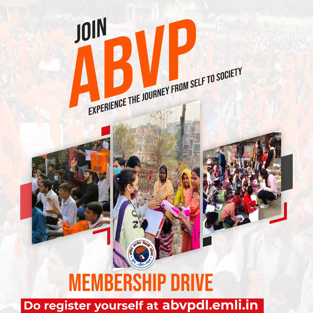 ABVPDelhi's tweet photo. ABVP gives you the opportunity to develop yourself and transform you in a person who can contribute to the society.

Do register yourself at https://t.co/0djHWHg8B6

#JoinABVP #HumABVPhain https://t.co/ESaFx33Fm6