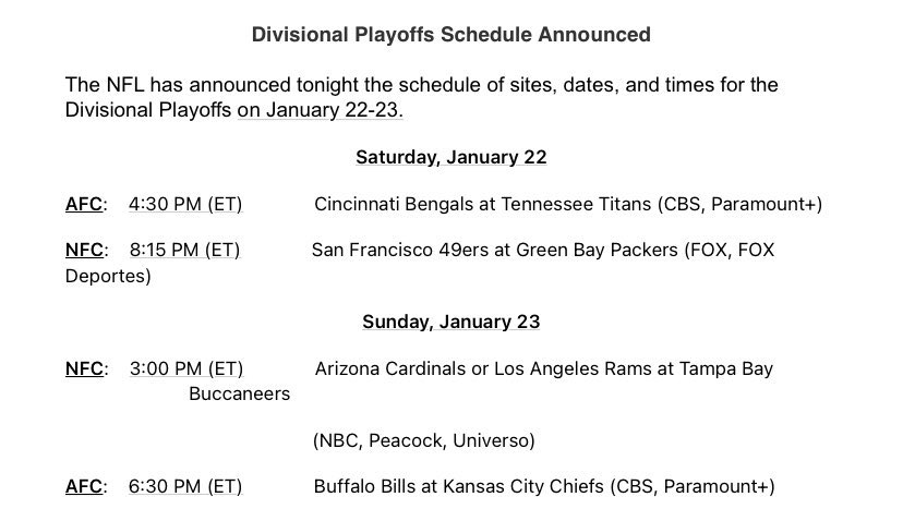 Ian Rapoport on X: 'The NFL Divisional Round schedule: