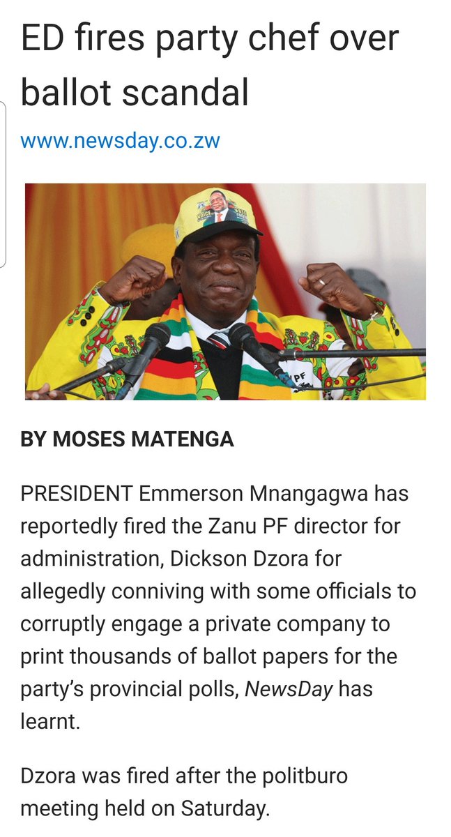 ProfJNMoyo's tweet photo. "MNANGAGWA FIRES PARTY CHEF OVER BALLOT SCANDAL"
@NewsDayZimbabwe 17/1/22

This is linked to the firing of Owen "Machete" Mudha Ncube; @edmnangagwa is being forced to deal with his trusted boys who did all the dirty work to steal the party polls for him!

https://t.co/oXs7AcOOsk https://t.co/4nFjC5Vvae