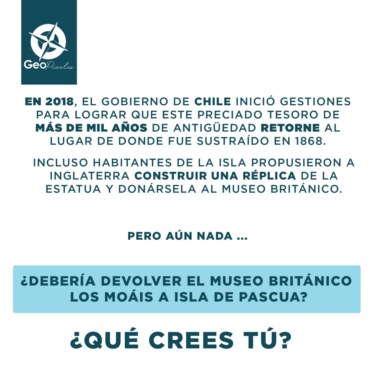 GeopixelesChile's tweet photo. Desde el 2018 el #gobierno de #Chile inició gestiones para lograr que este preciado #tesoro de más de mil años de antigüedad retorne al lugar de donde fue "SUSTRAÍDO" en 1868.

¿ Crees que deberían devolverlo ❓ https://t.co/jgEoGqgMgQ