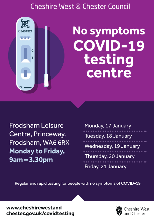 A no-symptoms #COVID-19 testing unit is at @OnePcn #EllesmerePort outside Iceland and @BrioFrodsham Frodsham Leisure Centre in Princeway from Monday 17 January to Friday 21 January, 9am-3.30pm.

1 in 3 people can have COVID-19 without symptoms, so could spread it without knowing.