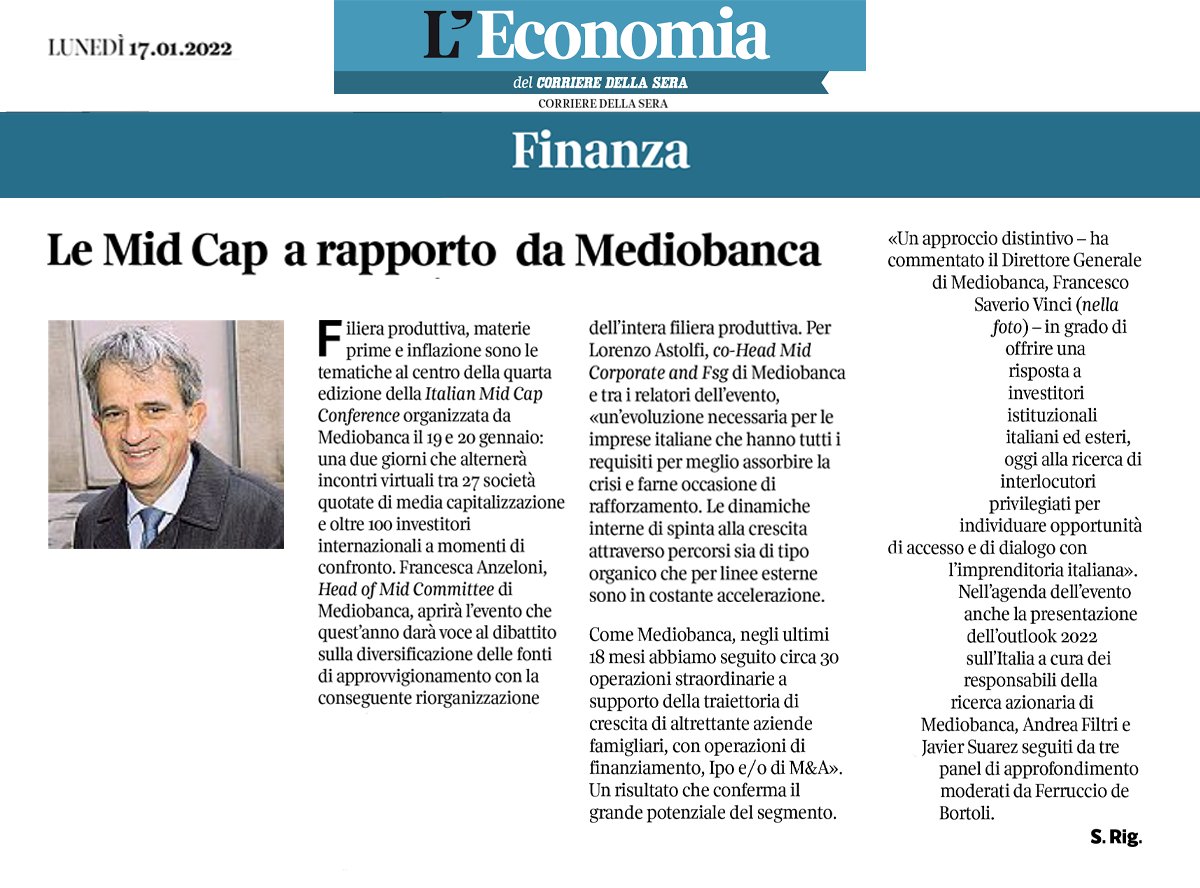 mediobanca's tweet photo. #MBPress - In programma il 19 e il 20 gennaio la quarta edizione della Italian Mid Cap Conference organizzata da Mediobanca. Un’occasione di dialogo tra le società quotate di media capitalizzazione italiane e i principali investitori istituzionali @Corriere

#MBMidCapConference https://t.co/n6BLcoOz3L