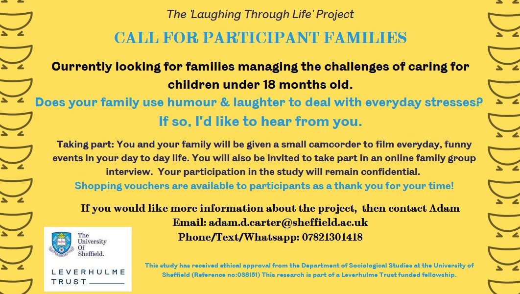 A_D_Carter's tweet photo. Hello! I'm looking for participant families for my @LeverhulmeTrust/@SocStudiesShef project - exploring the uses of humour when facing challenges in everyday family life. The first challenge - families with young children.  RTs would be super appreciated! https://t.co/oXMWQ3VAkG