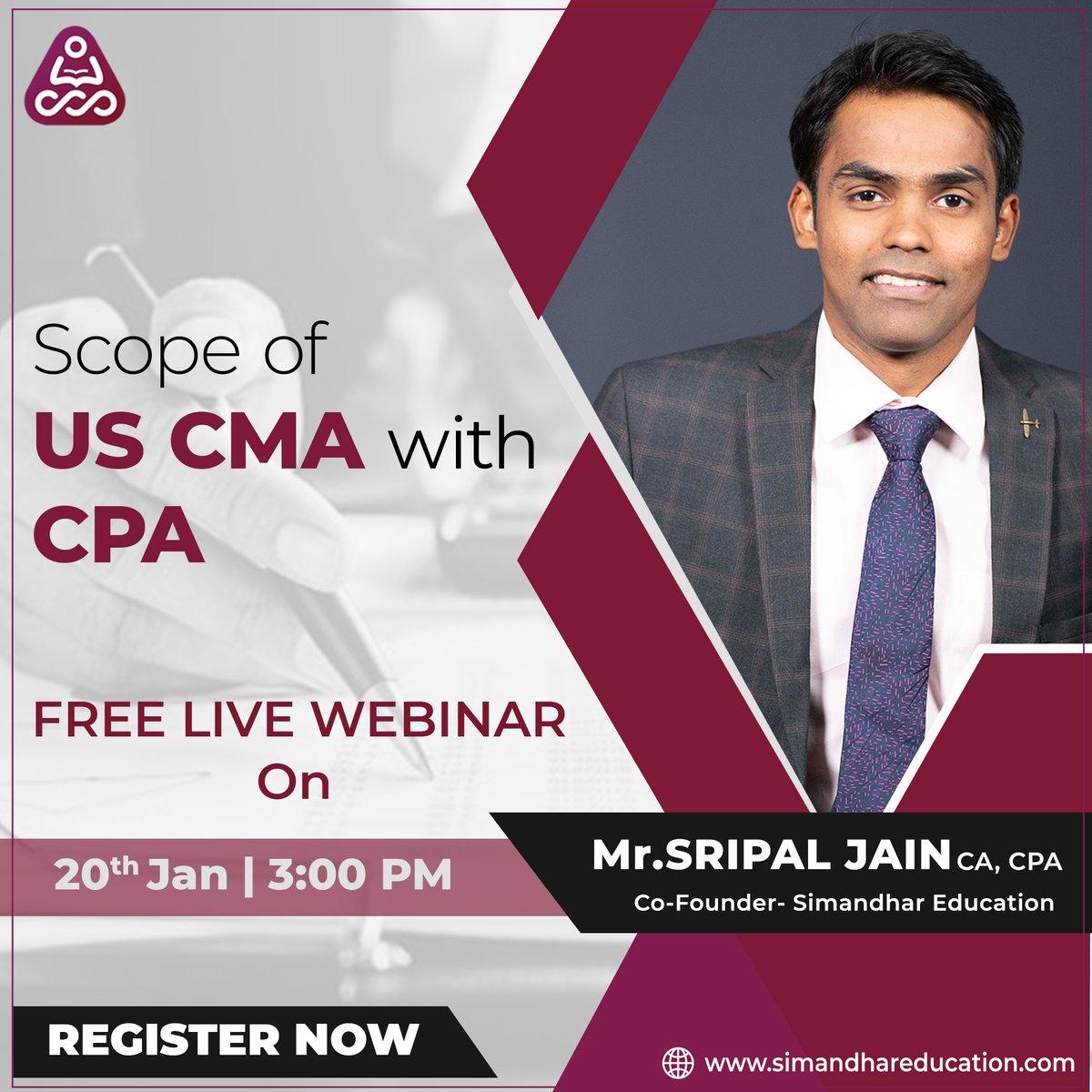 SimandharEdu's tweet photo. Attend the exclusive webinar conducted by India's Favorite Instructor, Mr. Sripal Jain (CA, CPA ), on how #USCMA with #CPA can bring a much-needed boost to your corporate journey?
Register here: https://t.co/WIHqv3xEWd
#ThinkCPAThinkCMAndhar #cmaexam #uscmacourse https://t.co/T5621q7d5X
