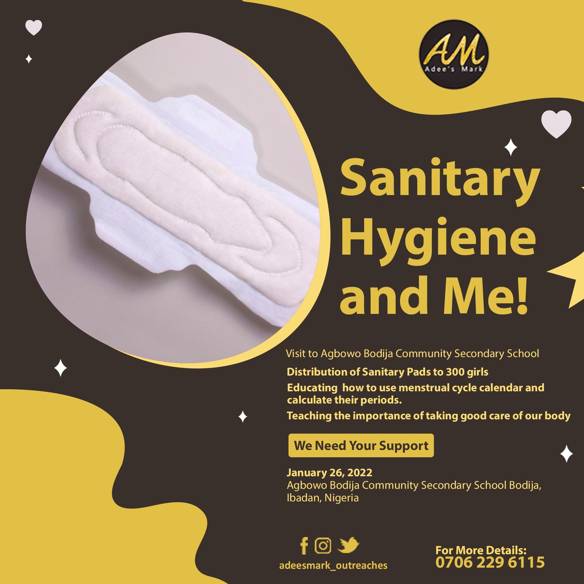 AdeesMark's tweet photo. We will be distributing 300 sanitary pads to girls at Agbowo-Bodija Community Secondary School, Ibadan.

Educating them on how to use menstrual cycle calendar and calculating their periods.
The importance of PROPER PERSONAL HYGIENE will be emphasized.

We need your support! https://t.co/t8ZpWgdVBn