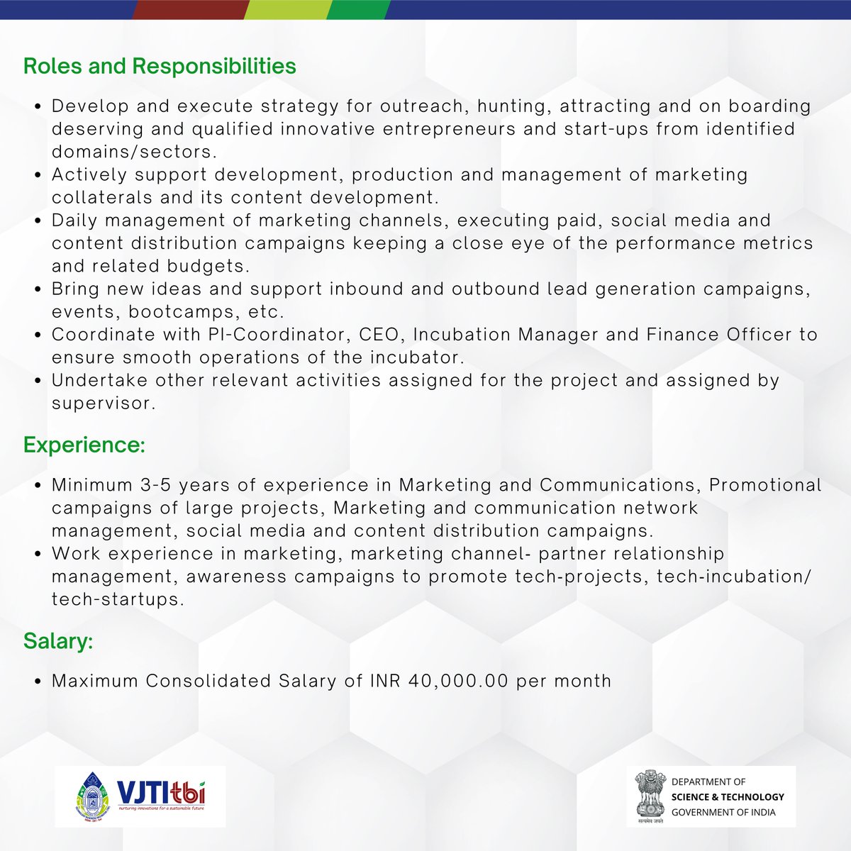 To apply for the post of Outreach Manager please visit :
vjti-tbi.in/vacancies-at-v…