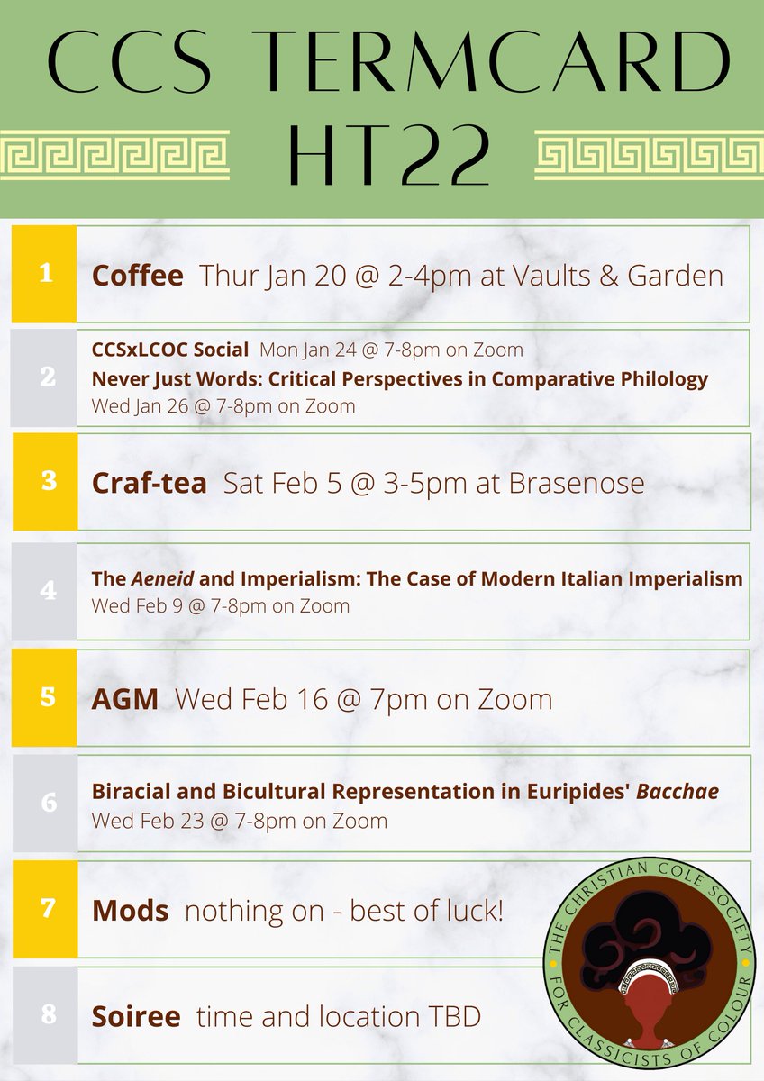 Salvete! Lots of exciting things in store for this term (4 socials, 3 talks, and an AGM). Check out our Hilary 2022 termcard below. See you soon!