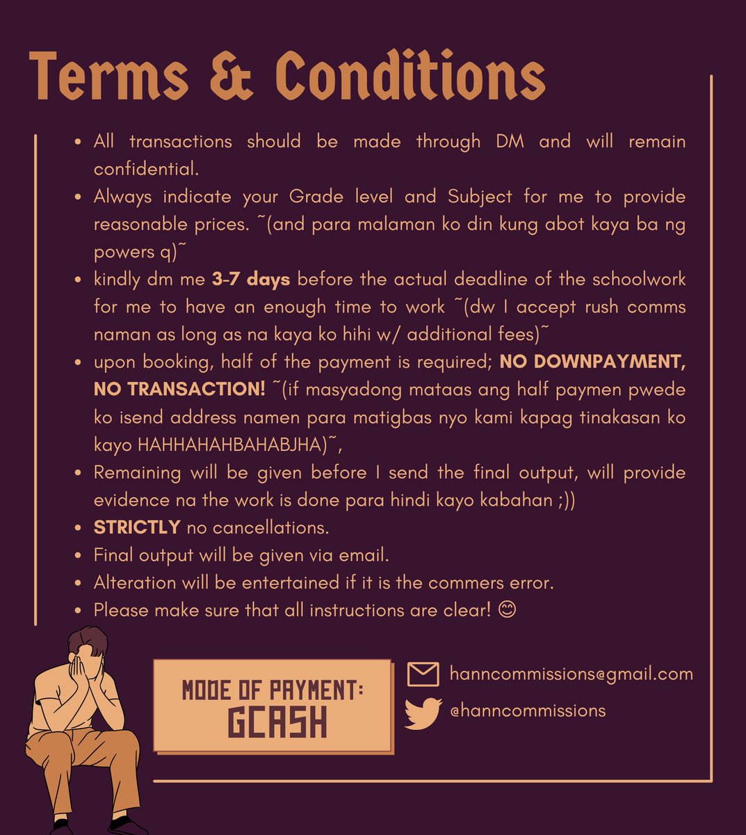 hanncommissions officially open! ✬

- Hi ! hann is open for heavy, light, non-rush and rush commissions ! Will help you with your school works/ tasks by providing quality services. Read my commsheet  😊

➤ DM me for inquiries!

a retweet would be very very much appreciated.<33