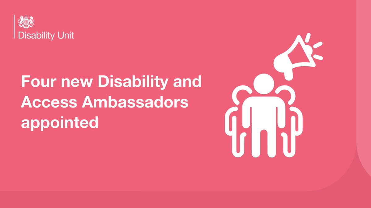 DisabilityGovUK's tweet photo. Today, the Minister for Disabled People, @NorwichChloe, has appointed four new Disability and Access Ambassadors.
Congratulations to the new DAAs, who will help businesses support disabled customers in:
Recruitment π₯
Sports π
Technology π»
Tourism βοΈ
https://t.co/K7AP9EsivI https://t.co/JPR0zds4Zq