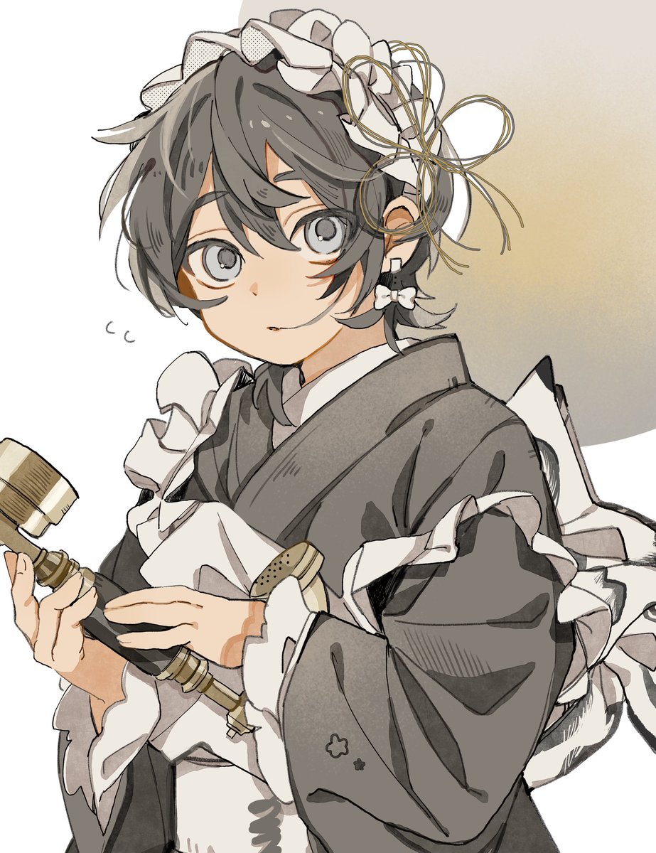 solo grey eyes japanese clothes short hair maid headdress holding apron  illustration images
