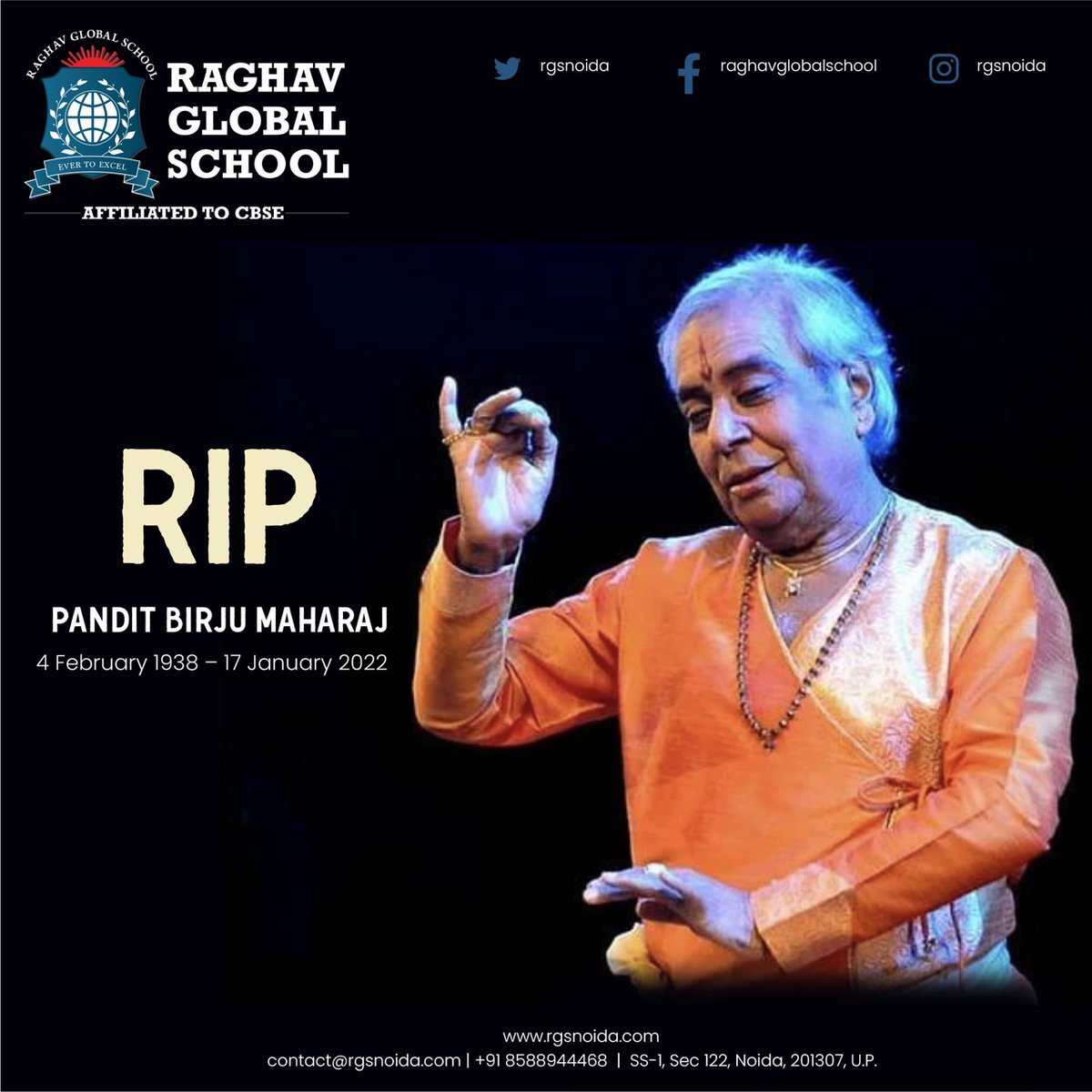 rgsnoida's tweet photo. Kathak Maestro Pandit Birju Maharaj left for the heavenly abode this morning😔

RGS salutes the doyen of India’s art and culture who popularized the Lucknow gharana of Kathak dance form around the world🙏

#PanditBirjuMaharaj #BirjuMaharaj #पंडित_बिरजू_महाराज #Kathak #RGSNoida https://t.co/vMbeXakUvt