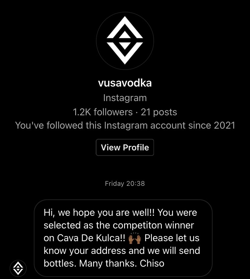 hazelmakmusic's tweet photo. I won @Cavadekulca Instagram giveaway can’t wait to try @vusavodka 

Thank you 🙏🏾 https://t.co/B6Jevbuqll