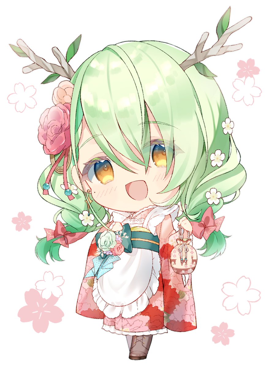 ceres fauna 1girl hair flower green hair japanese clothes kimono solo chibi  illustration images