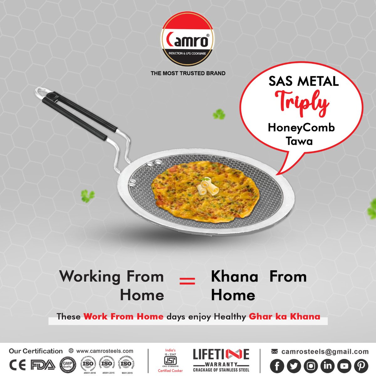 CamroSteels's tweet photo. Eat Healthy Ghar ka khana this Work From Home in Camro SAS Metal Triply Honeycomb Tawa.
*Get yours Now* 
For More, Contact on 9999919501 via Call or WhatsApp
.
#kitchenware #tawa #camro #nonstickcookware #nonsticktawa #pan #nonstickpan #nonstickfryingpan #honeycombtawa #cookware https://t.co/lQcJTjVVgF