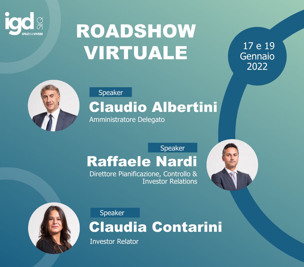 L’AD, Claudio Albertini, il Direttore Pianificazione, Controllo e IR, Raffaele Nardi e l’IR, Claudia Contarini incontrano virtualmente alcuni investitori istituzionali per presentare il nuovo 𝗣𝗶𝗮𝗻𝗼 𝗜𝗻𝗱𝘂𝘀𝘁𝗿𝗶𝗮𝗹𝗲 𝟮𝟬𝟮𝟮-𝟮𝟬𝟮𝟰 di <a href="/igdSIIQ/">IGD SIIQ SPA</a> con <a href="/intesasanpaolo/">Intesa Sanpaolo</a>