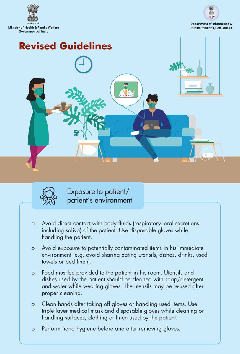 DIPR_Leh's tweet photo. Ministry of Health and Family Welfare, Government of India has revised the guidelines and issues instructions regarding exposure to patient/patient's environment
#COVIDAppropriateBehaviour 
#RevisedGuidelines
#Unite2FightCorona 
#LadakhFightsCorona

@lg_ladakh @LAHDC_LEH @LAHDC_K https://t.co/UV2jaGu50k