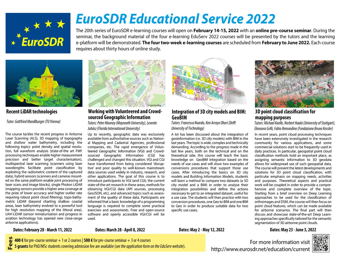 EuroSDR's tweet photo. Reminder π The 2022 series of #elearning #courses from @EuroSDR is now open for registration. More information at https://t.co/69nk2WerYJ #Lidar #CrowdsourcedGeographicInformation #GeoBIM #3DCityModelling #3DPointCloud #EduServ20 https://t.co/cLwa94Ud5K