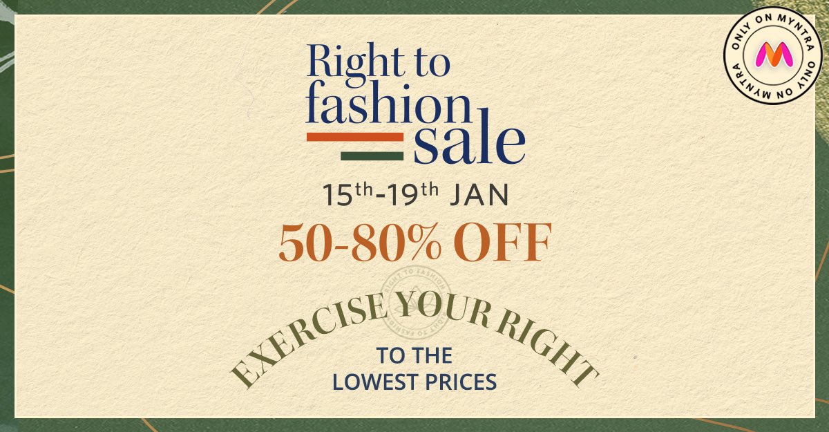 myntra's tweet photo. It is your right to shop for the best of deals at Myntra Right To Fashion Sale! 
Head to the Myntra app now to bag all your favs.
#MyntraRightToFashionSale #Myntra #FashionFreedom https://t.co/UKZp316UnI