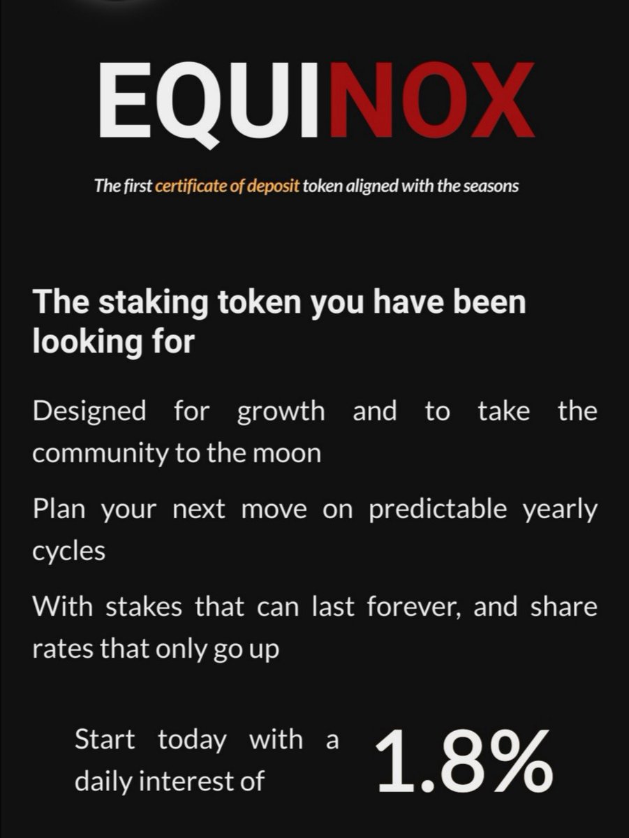 monhlx's tweet photo. #Microcap (50k) found on #BSC

💎Launched Jan 1st, certificate of deposit, inspired by the 4 seasons. 💯HUGE #staking apy in these early stages, daily auction.
👨‍💻And a very professional team.

NFA

#certificateofdeposit #passiveincome #staking #blockchain #nox #equinox #BNB #bsc https://t.co/vN8Y7lBfpV