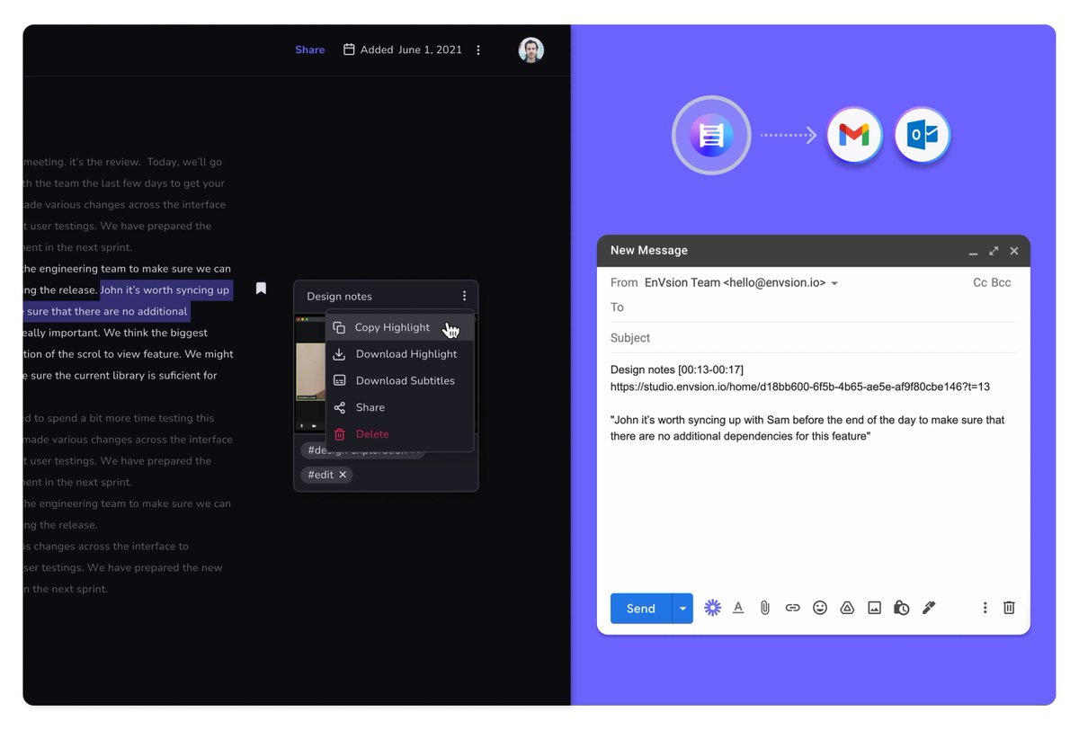 goEnVsion's tweet photo. Send concise summaries to customers or teams via email right after your meetings end 🚀

Work more effectively, easily copy and paste key notes from your conversation so everyone stays in the loop. 

Video summaries = happy teams 🤩
#video #productivity #remoteworking https://t.co/WwtXKby9oa