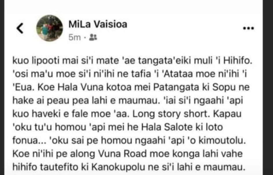 fineutuvai25's tweet photo. Update from Toe’umu Mila from 🇦🇺 HCom.
Translation: There's been reports of the death of a male expat in the West. People who were swept away from Atatā and 'Eua have been rescued. Vuna Road from Patangata to Sopu had severe flooding from the tsunami waves causing major damage. https://t.co/PjQB9zBHfJ