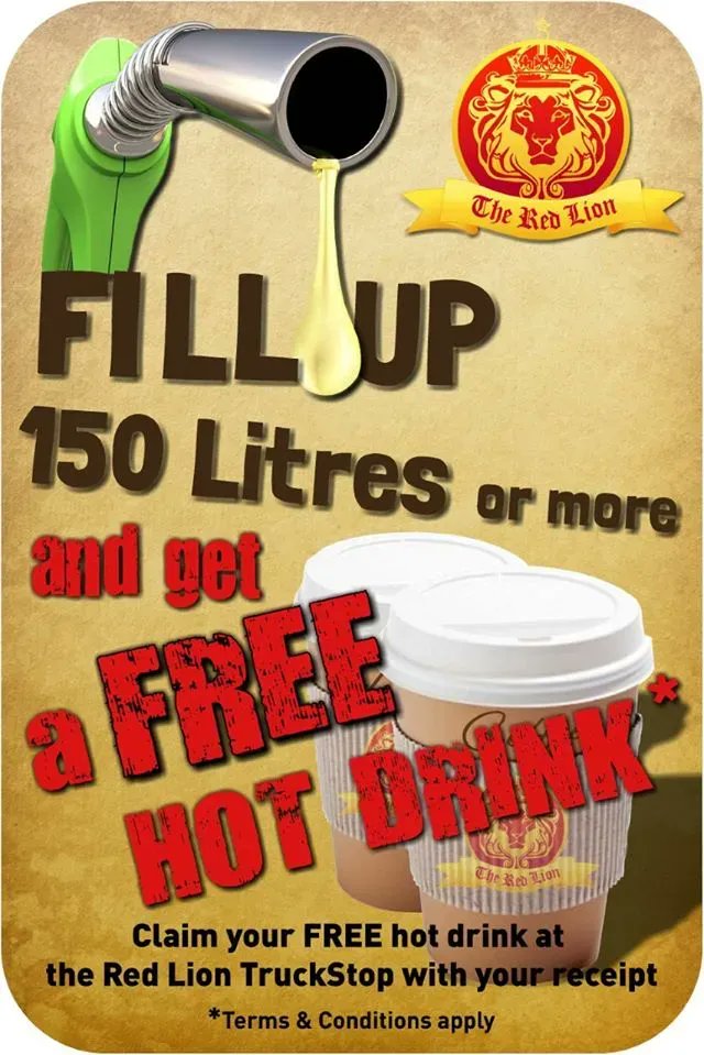 RedLionJ16's tweet photo. Come and use our Fuel Station at the #RedLionTruckStop Northampton, and when you fill up 150 Litres of more, you get a free Hot Drink. Just bring your receipt into the cafe.

We accept #KeyFuels, #UkFuels, #AS24 , #Morgan, #CertasCards and many more. https://t.co/9hb3Jv748z