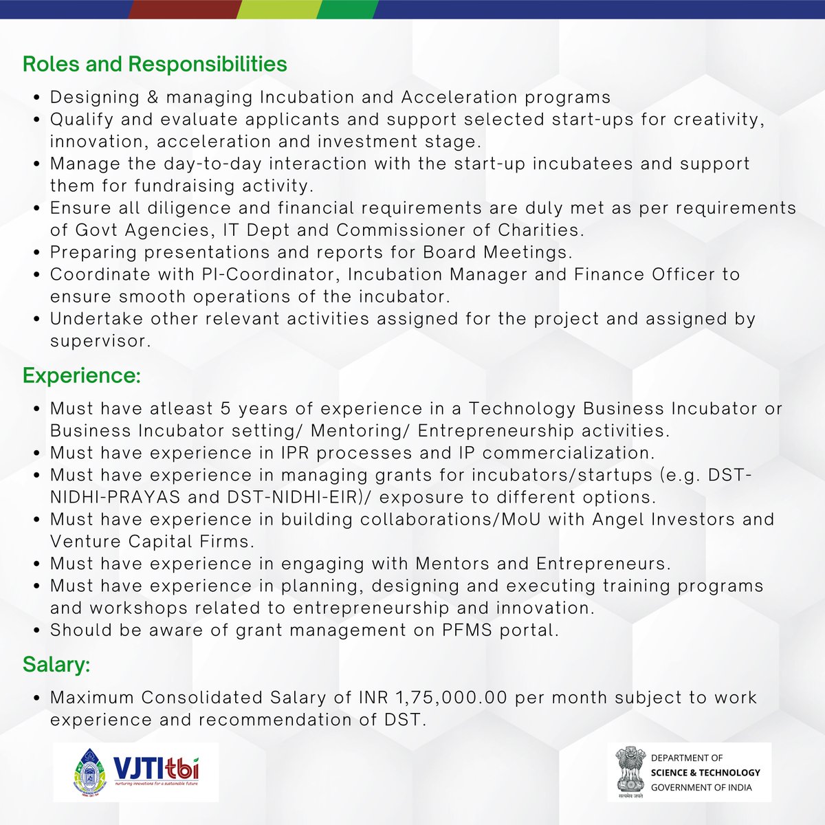 To apply for the post of Chief Executive Officer (CEO) please visit :vjti-tbi.in/vacancies-at-v…