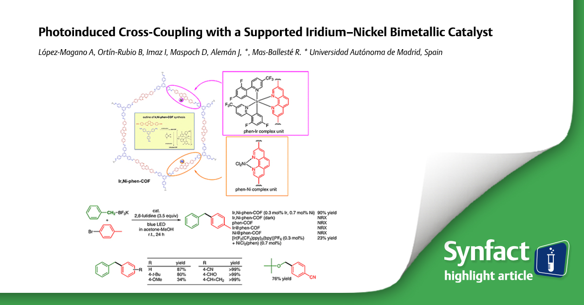 thiemechemistry's tweet photo. 🌟#Synfact highlight article🌟
Attention!📣 Research on Photoinduced Cross-Coupling with a Supported Iridium–Nickel Bimetallic Catalyst by A. López-Magano (@AlberLoMa), B. Ortín-Rubio, I. Imaz, D. Maspoch, J. Alemán, R. Mas-Ballesté 👏 @UAM_Madrid 
👉 https://t.co/JQhMTjibwd https://t.co/FLtpta7k2H