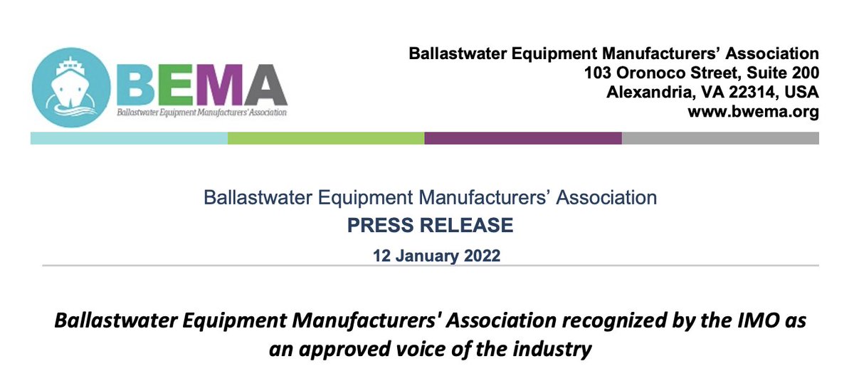 BEMAssociation's tweet photo. BEMA official Press Release is available here: https://t.co/mJeKNXB3P3
IMO NGO acceptance allows us to attend @IMOHQ meetings and contribute to its work by submitting #technicalinput and providing specialized operational and #technicalexpertise on #ballastwater management systems https://t.co/Rs8TJ2IqIj