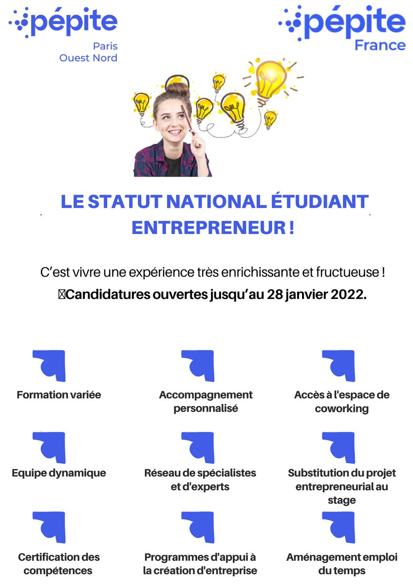 PEPITE_PON's tweet photo. 📢📢Les candidatures au Statut National de l’Étudiant Entrepreneur au niveau du PÉPITE PON sont ouvertes !

✔️L’adhésion au SNEE va vous permettre de bénéficier des avantages et différents services.

👉Lien d’inscription : https://t.co/eITO99oFHB

📌Deadline : 28 janvier 2022. https://t.co/Unfqs33FGT