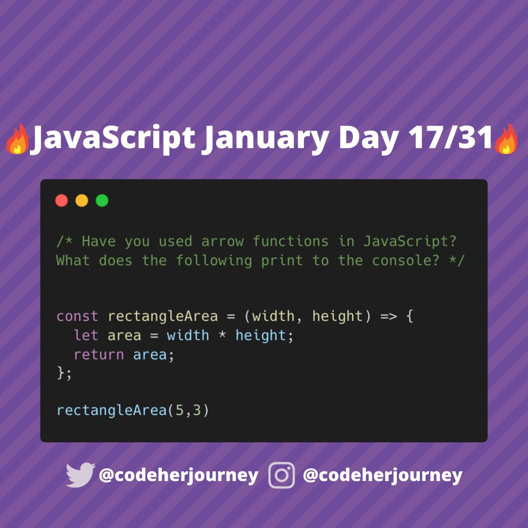 codeherjourney's tweet image. 🔥 JavaScript January Day 17/31 🔥
Another day, another #JavaScript challenge for beginners! 
You know how it goes by now...What will the following code print to the console? 👀 
#JavaScriptJanuary #codeherjourney #100Devs #100DaysofCode #webdevelopment