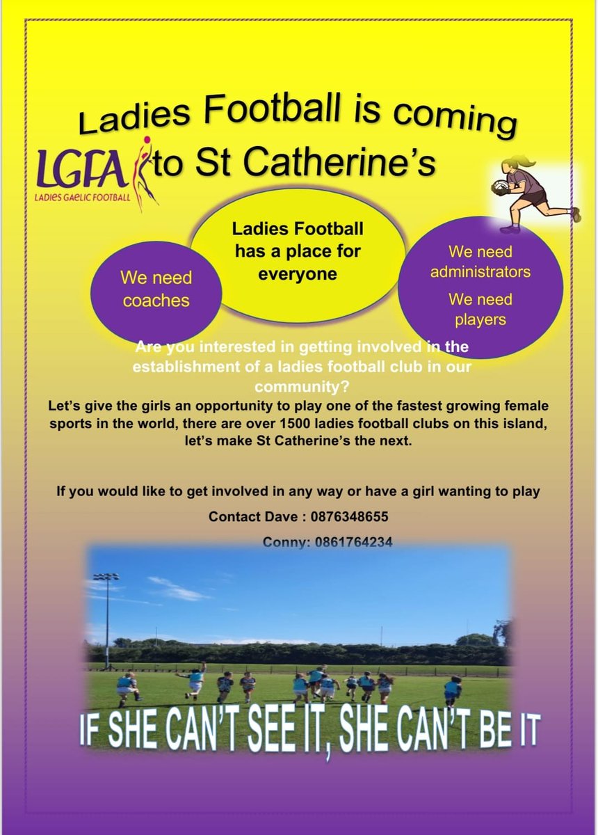 StCatherineslgf's tweet photo. 🚨 Ladies football is coming to St Catherine's🚨
Please share this post and contact Dave/Conny to get involved. #saintsabu #LGFA https://t.co/SwPFx8KMXX