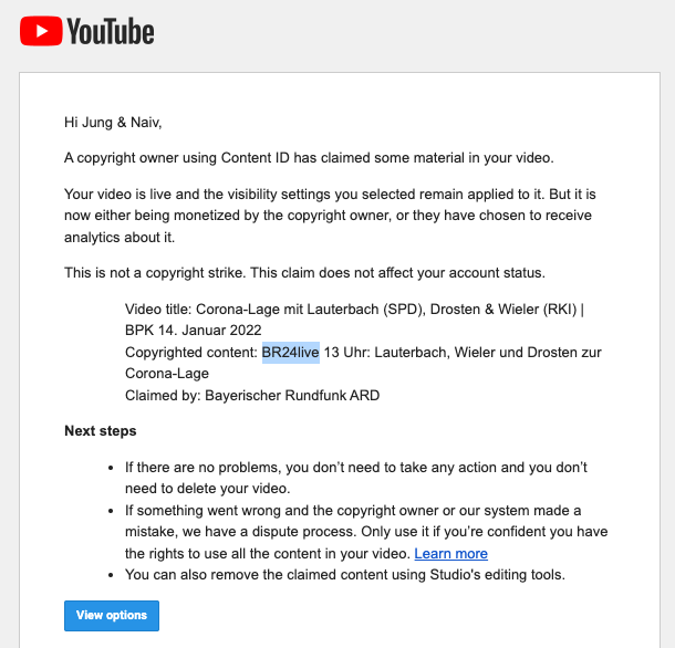 Das Copyright-Strike-System auf YouTube ist kaputt, Teil 237: @BR24 versucht Urheberrechtsansprüche auf Material durchzusetzen, das wir selbst produziert haben und was uns gehört. Unser Video ist durch die Aktion nun erstmal gesperrt. Danke, Bayrischer Rundfunk!
