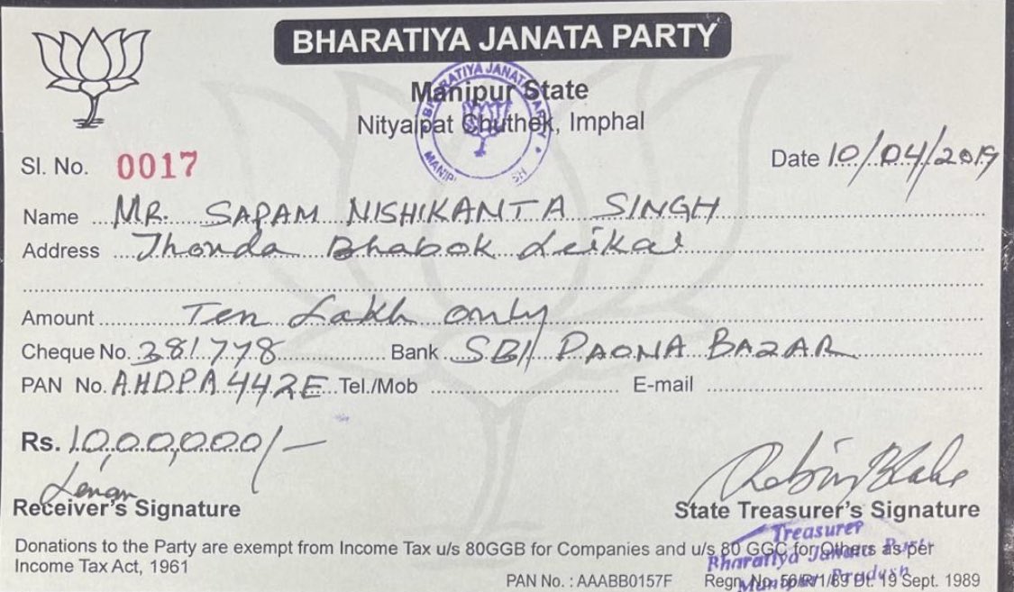 Came across 2 precious receipts of 2 humble contributions of 10 Lakh each fm my personal Ac &amp; my printing press Ac towards <a href="/BJPManipur/">BJP Manipur</a> in 2019, my beloved party 😊😊😊. <a href="/BJP4India/">BJP</a> <a href="/abhaygiribjp/">Abhay Giri</a> <a href="/blsanthosh/">B L Santhosh</a> <a href="/AShardaDevi/">Adhikarimayum Sharda Devi</a> <a href="/sambitswaraj/">Sambit Patra</a> <a href="/byadavbjp/">Bhupender Yadav</a>