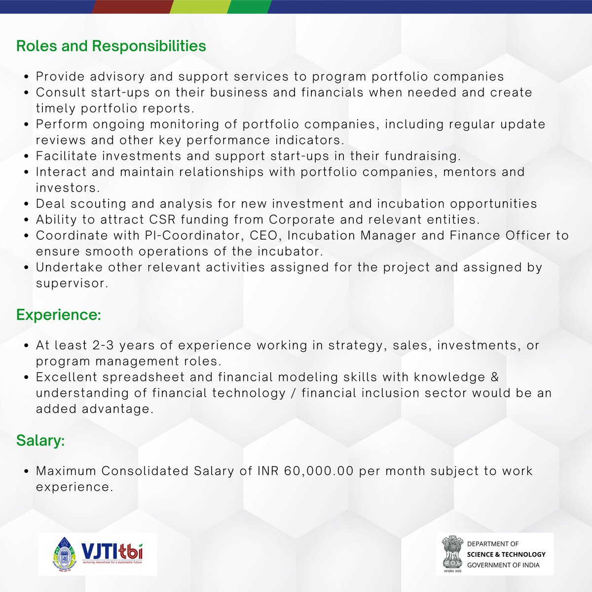 To apply for the post of Investment and Portfolio Manager please visit : vjti-tbi.in/vacancies-at-v…