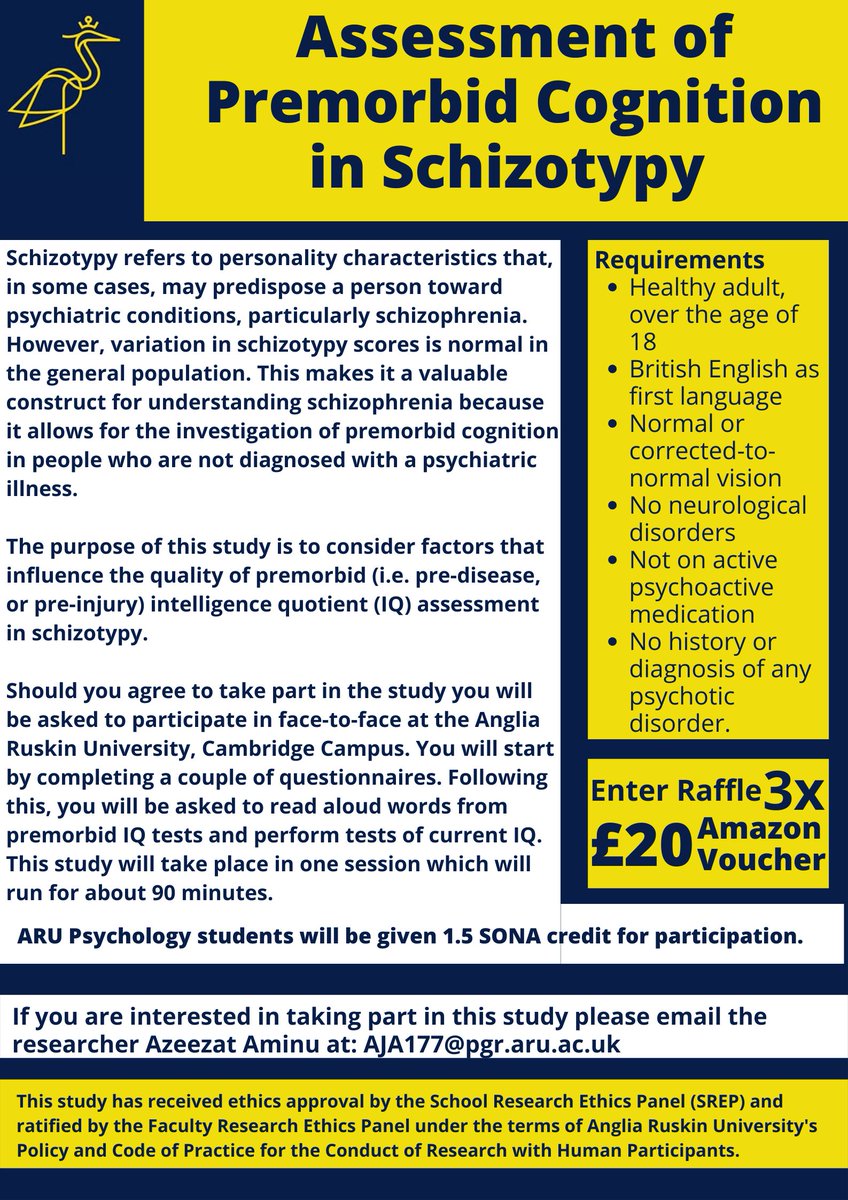 I am recruiting participants for a study on 'premorbid cognition in schizotypy'. Please do message me if you would like to participate. Check poster below for requirements!
#research #schizophrenia #cognitionresearch #ARU