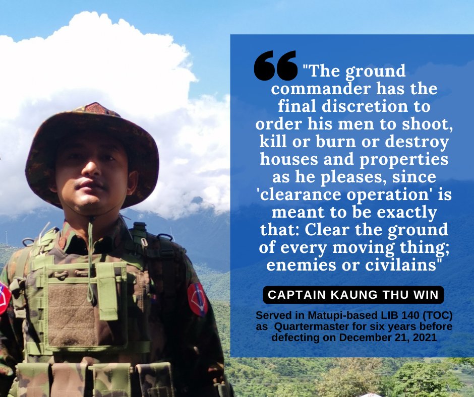 ChinHumanRights's tweet photo. Capt. Kaung Thu Win who served 6 yrs at LIB 140 at Tactical Operations Command in Matupi before defecting on Dec 21, implicates his former superiors in the killings of civilians in the context of the larger military operations, saying ground commanders have the final discretion. https://t.co/rSvcicLC2M