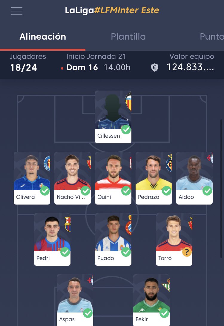 🔥 Mi 1️⃣1️⃣ para la Jornada 2️⃣1️⃣ en #LFMIntercontinental ESTE 🏆 <a href="/FantasyLaLiga/">Fantasy LALIGA</a> 💪🏼 <a href="/TashiDelek23/">Tashi Delek</a> #UnaLigaDiferente 🌎 🌍 

#LaLigaSeJuegaEnFantasy 🚀