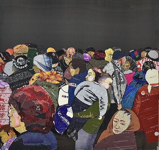 SauKuBa's tweet photo. We are simple people not terrorists - was written on one of posters of peaceful demonstrators at January, 5, 2022 in Almaty, Kazakhstan. My artwork Skyline. 2017. 2x6 meters long. Plastic bags on polycarbonate https://t.co/uQhSD0n6hB
