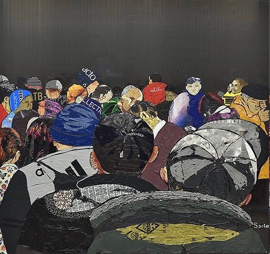 SauKuBa's tweet photo. We are simple people not terrorists - was written on one of posters of peaceful demonstrators at January, 5, 2022 in Almaty, Kazakhstan. My artwork Skyline. 2017. 2x6 meters long. Plastic bags on polycarbonate https://t.co/uQhSD0n6hB