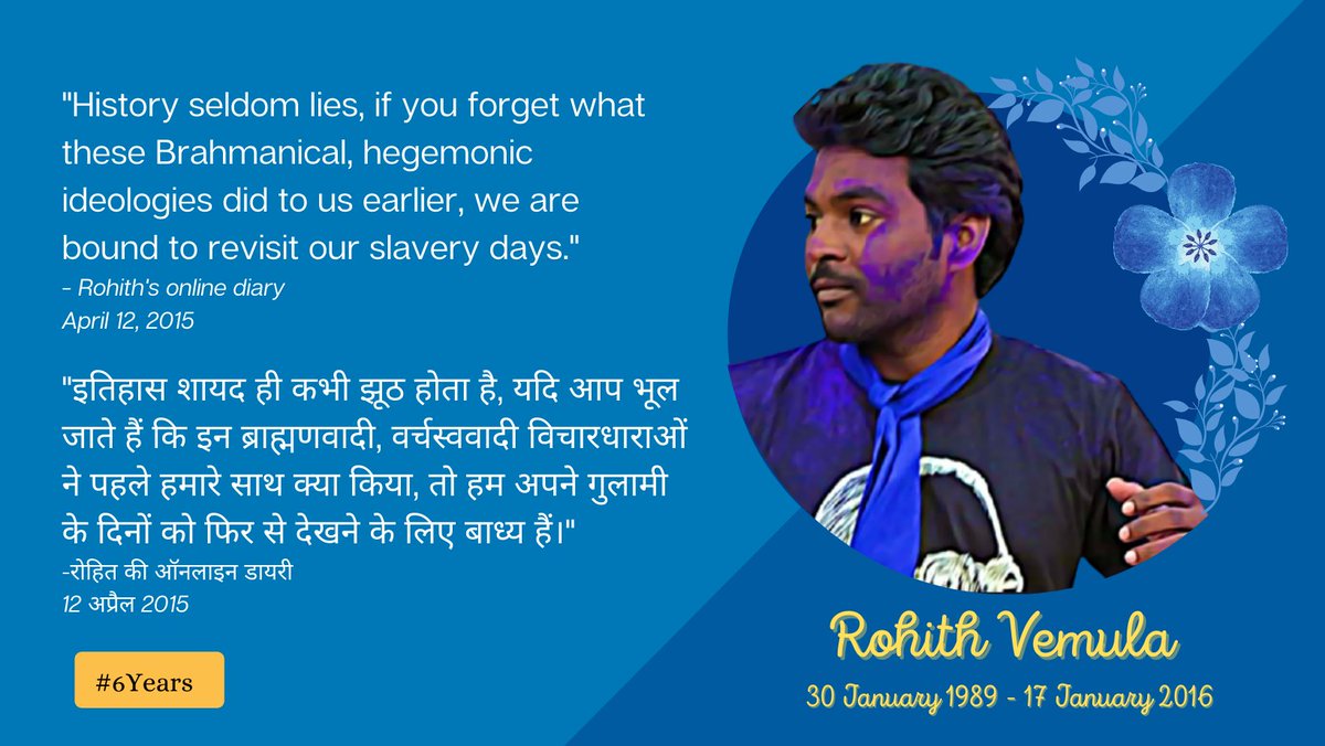 #6Years of injustice, casteism and inhumanity with #RohithVemula that took his life today but not 6 seconds from any govt to take accountability for what they did. We remember a Rohith fuming in rage inside all of us today and paying our revolutionary tributes. Jai Bhim.✊