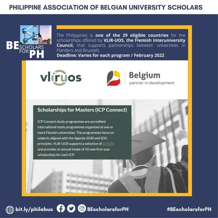 BEScholarsForPH's tweet photo. SCHOLARSHIP | Are you interested in taking your graduate studies in a Belgian Uni? Application deadlines for 2022 intake are fast approaching. More than 60 Master's Degree Programs are available wity scholarship. Go to https://t.co/jiDm7tAsZl for the full list. #BEscholarsforPH https://t.co/qmRUtI71pG