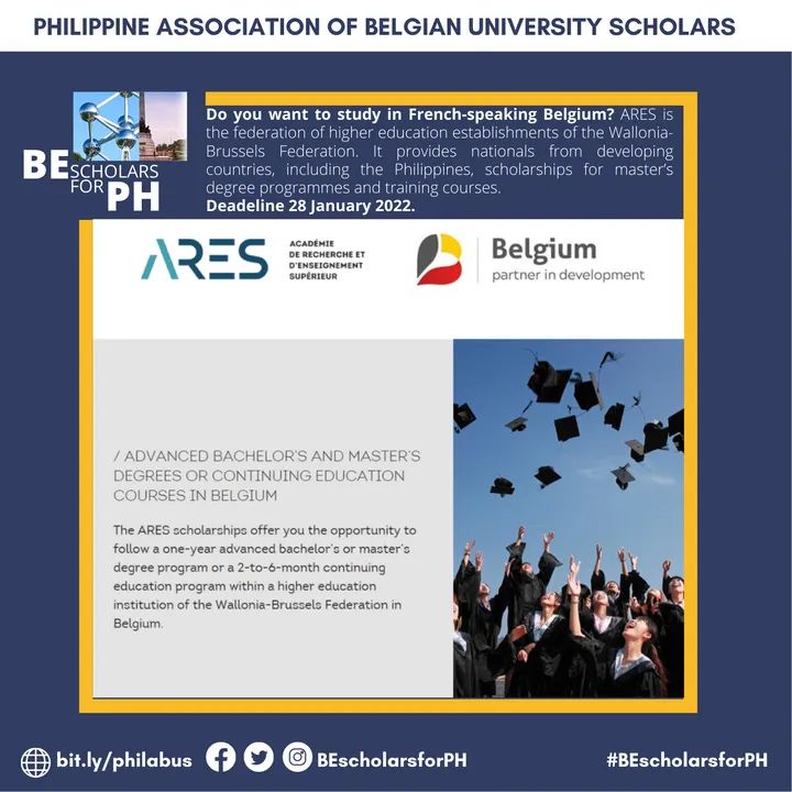 BEScholarsForPH's tweet photo. SCHOLARSHIP | Are you interested in taking your graduate studies in a Belgian Uni? Application deadlines for 2022 intake are fast approaching. More than 60 Master's Degree Programs are available wity scholarship. Go to https://t.co/jiDm7tAsZl for the full list. #BEscholarsforPH https://t.co/qmRUtI71pG