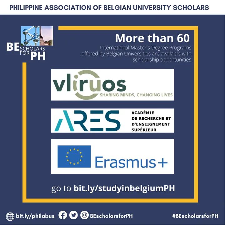 BEScholarsForPH's tweet photo. SCHOLARSHIP | Are you interested in taking your graduate studies in a Belgian Uni? Application deadlines for 2022 intake are fast approaching. More than 60 Master's Degree Programs are available wity scholarship. Go to https://t.co/jiDm7tAsZl for the full list. #BEscholarsforPH https://t.co/qmRUtI71pG