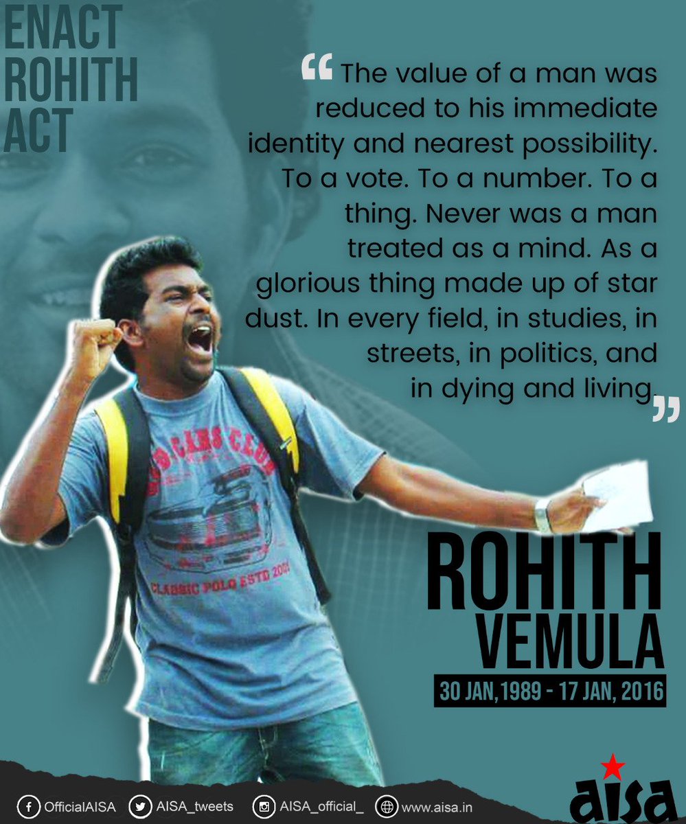 AISA_UPES's tweet photo. On 17th of January 2016, Rohith Vemula was institutionally murdered by HCU administration and Modi govt. Let's resolve to fight for Justice for #RohithVemula through our struggles and movements. Let's unite for annihilation of caste!

#JaiBhim! #RedSalute! https://t.co/4V3qgTDwsA