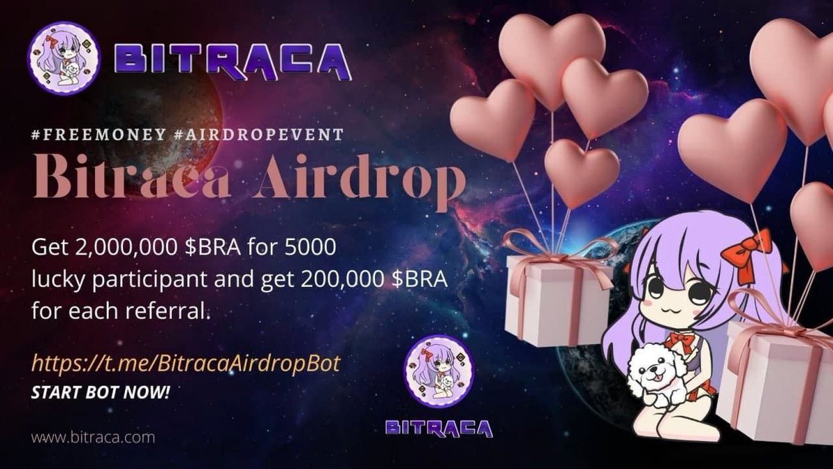 blazeairdrop's tweet photo. Airdrop Info : https ://t.me/blazeairdrop
-----

🚀 Bitraca Airdrop
🎁 Pool: 2M $BRA
🔘 BSC Network
-------------------------------------------------
🔻Start Bot https://t.co/7gTBtwbHRn

🔹Join telegram
🔹Follow twitter &amp; retweet
🔹Enter BSC address https://t.co/D1Uxv04MHa