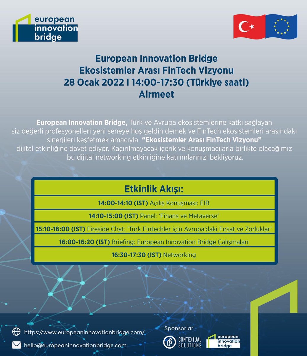 Beklenen etkinliğe son iki hafta ⏳ 

 #FinTech ekosistemleri arasındaki sinerjileri keşfetmek amacıyla düzenlediğimiz “Ekosistemler Arası FinTech Vizyonu” etkinliğine katılmak için <hello@europeaninnovationbridge.com>
adresinden bizlere ulaşabilirsiniz 📧

📆 28.01 (14:00-17:30)